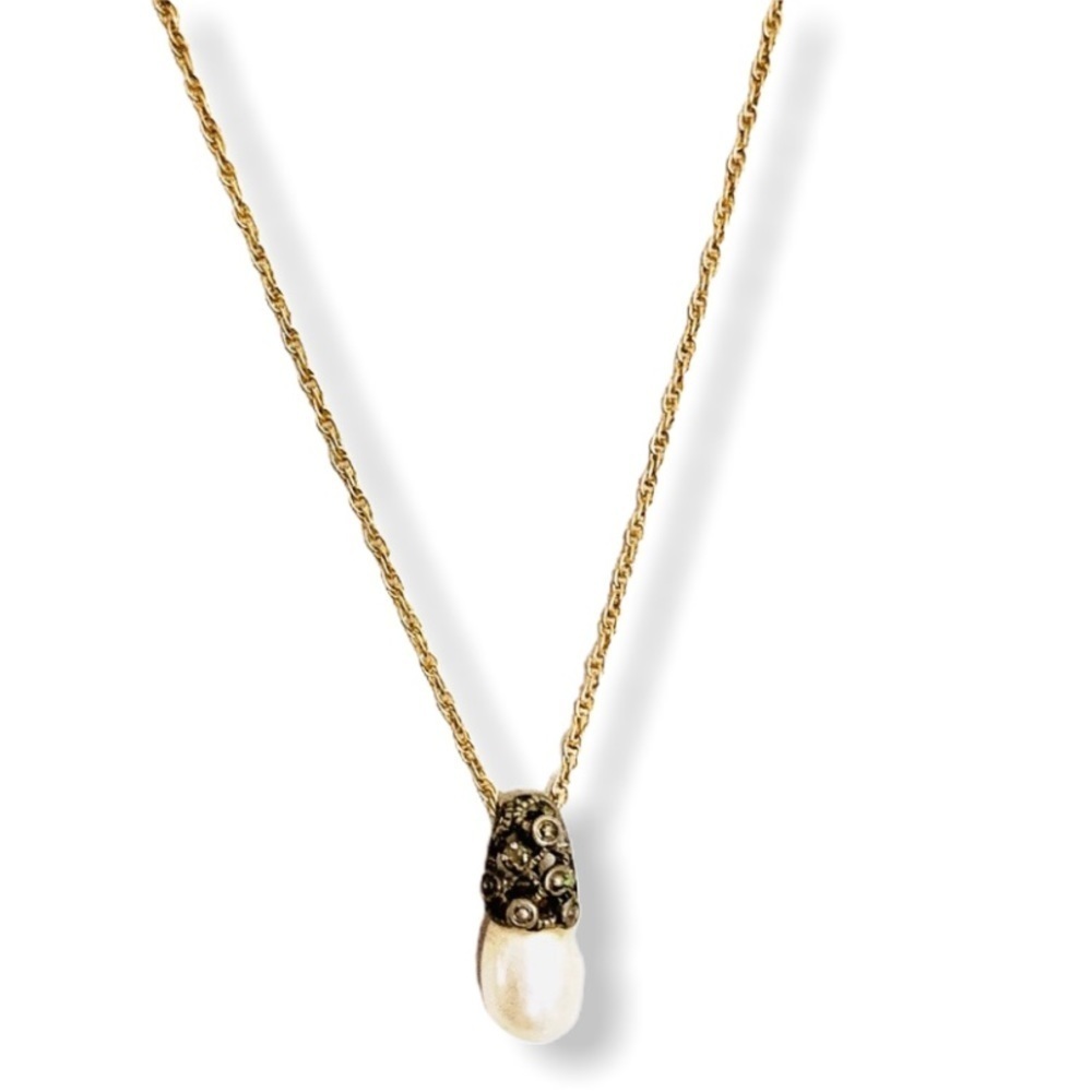 Sterling Silver Pearl Marcasite necklace,, vintage, on gold vintage chain